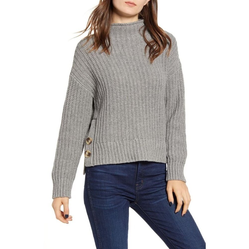Madewell women's Mockneck Side Button tunic sweater grey small cotton wool
